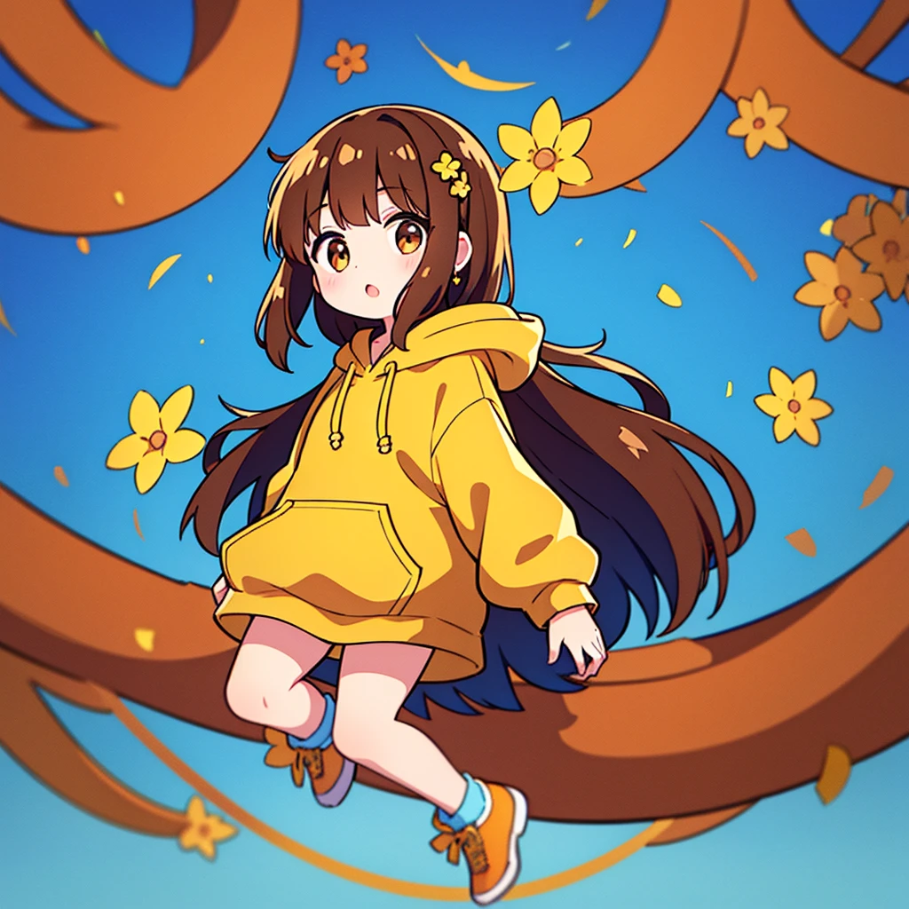 A girl, Brown hair, medium hair,Beautiful,Flower Earrings Hair Ornaments, Dear Kurt, 8k resolution, 8K quality, Blue background, Brown eyes, jumping,yellow large hoodie,SD Character,whole body,to the feet