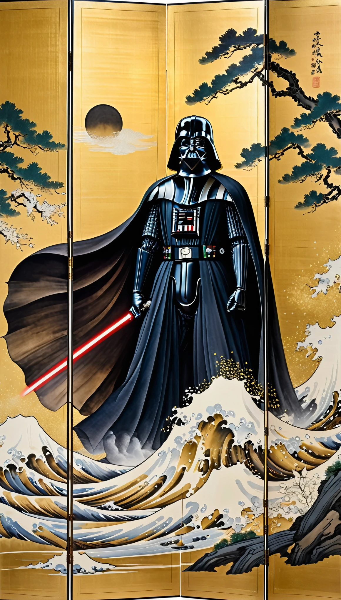masterpiece,Folding screen depicting Tarz Vader,Ink and water Japanese painting,(Beautiful gradation created by layering),(Tarashikomi technique),(Gold dust base),(dynamic)