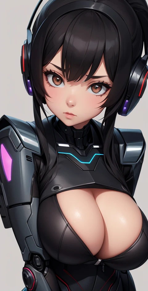 Busty matte black robot girl with brown details