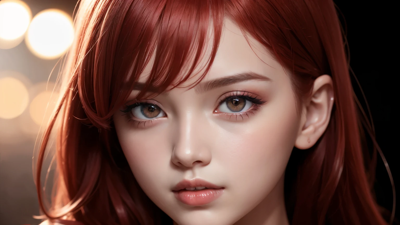 1 girl, star eye, blush, perfect lighting, Red hair, Eyes red, engine unreal, side lighting, face detailed, bangss, shining skin, simple background, darkness background