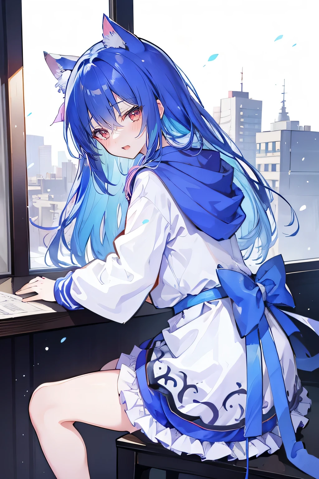(masterpiece:1.2),Super detailed,lifelike,Expressive eyes,fair skin,perfect face shape,1 girl,
Japanese comics,Gorgeous blue hair,flowing blue hair,flowing clothes,Cat ears,Petals fall,beautiful lola,Baby Angel,
Shaking head with one hand,Cross your legs,smile, wearing hoodie, ,back views,snowing, winter,City Street Scene,winter。sitting on window, looking out the window。
