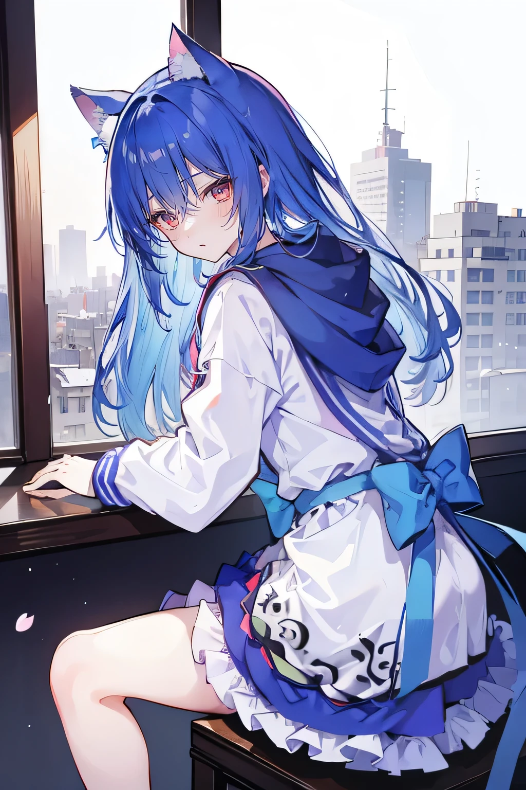 （masterpiece：1.2），Super detailed，lifelike，Expressive eyes，fair skin，perfect face shape，1 girl，
Japanese comics,Gorgeous blue hair,flowing blue hair,flowing clothes,Cat ears,Petals fall,beautiful lola,Baby Angel,
Shaking head with one hand，Cross your legs，smile, wearing hoodie, ,back views,snowing, winter，City Street Scene，winter。sitting on window， looking out the window。