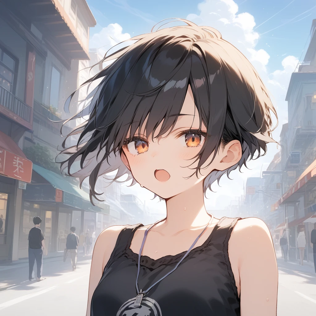score_9, score_8_up, score_7_up, source_anime, best quality, masterpiece, official art, absurdres, highres, ultra-detailed,waifu2x,Collection: Serious Beauty,break,1girl, tomboy, very short hair, pixie cut, breasts,  beautiful detailed eyes, open mouth, (yawn:0.3), sleepily, , shorts, sweat, outdoors, rural, wind, break,(clear line illustration:1.2), super detailed skin,very high resolution, very aesthetic, Best sexual lighting powered by famous artist, 8k, beauty illustration,photoshop_(medium),,(Detailed Lighting),best anime 8k konachan wallpaper, pixiv contest winner, 