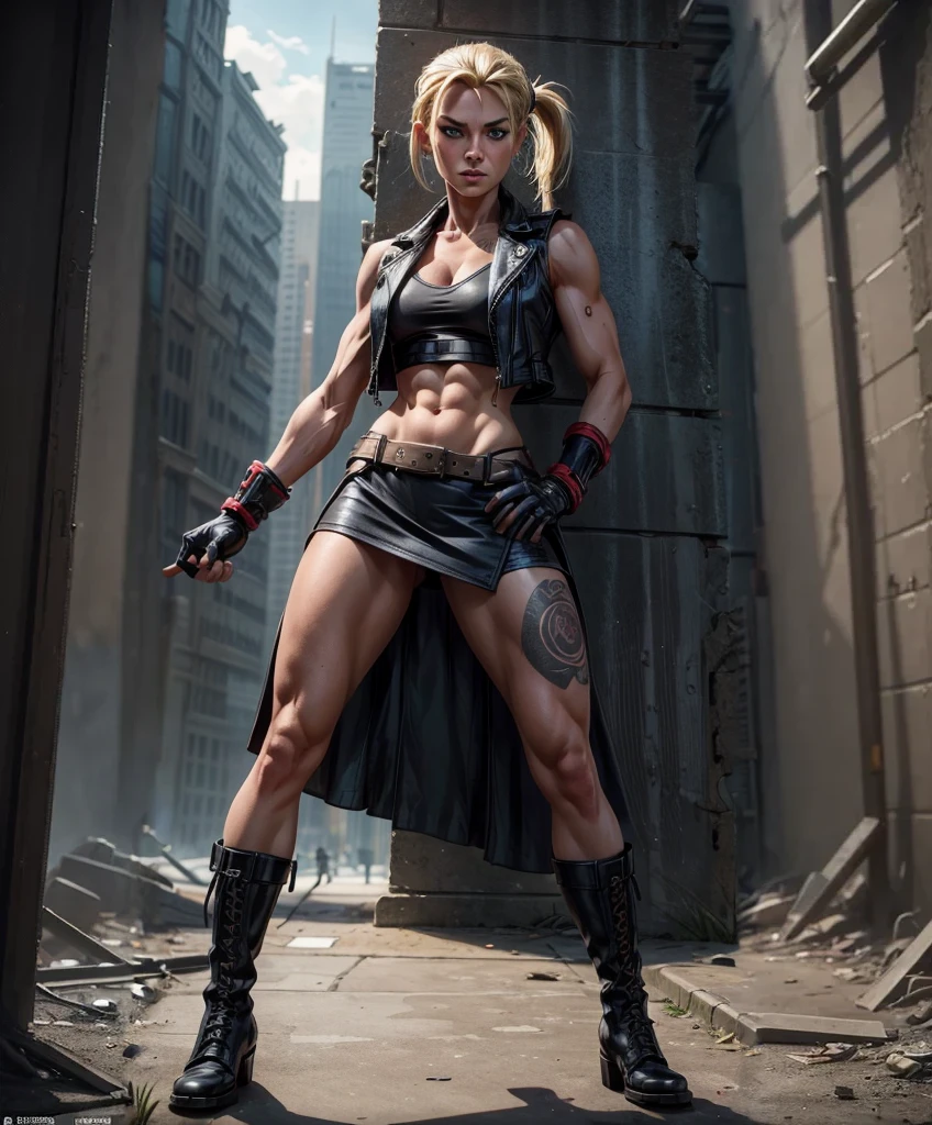 (((Full-length shot))),muscular build and medium breasts .., wears an open black leather vest.., black leather gloves, a short skirt and heavy boots.18 year old.She has a punk rock look and blonde hair pulled back into a ponytail...Hyper-realistic close-up photo of Cammy, blue eyes, masterpiece,no tattoos,Best quality, (Photorealism: 1.4), Create dystopian masterpieces. Post-apocalyptic world. Pay attention to small details, sharp focus. The palms of the hands are clenched into fists.