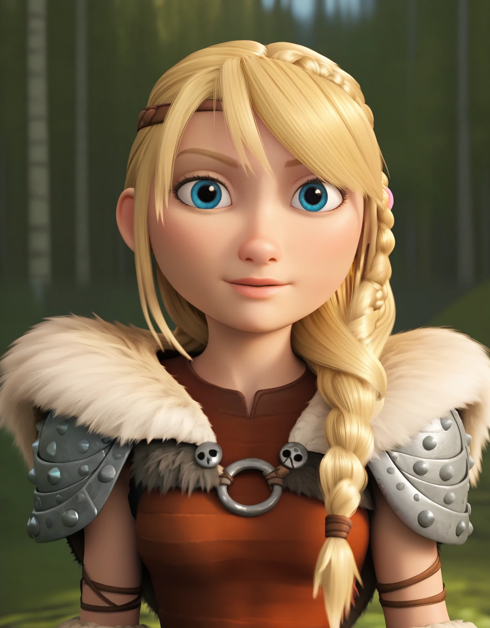  score_9, score_8_up, BREAK, ASTRIDHOFFERSON, 1girl, solo, blonde hair, braid, Long hair, blue eyes, fur trim, shoulder armor, armor, pauldron, upper body, depth of field, forest,