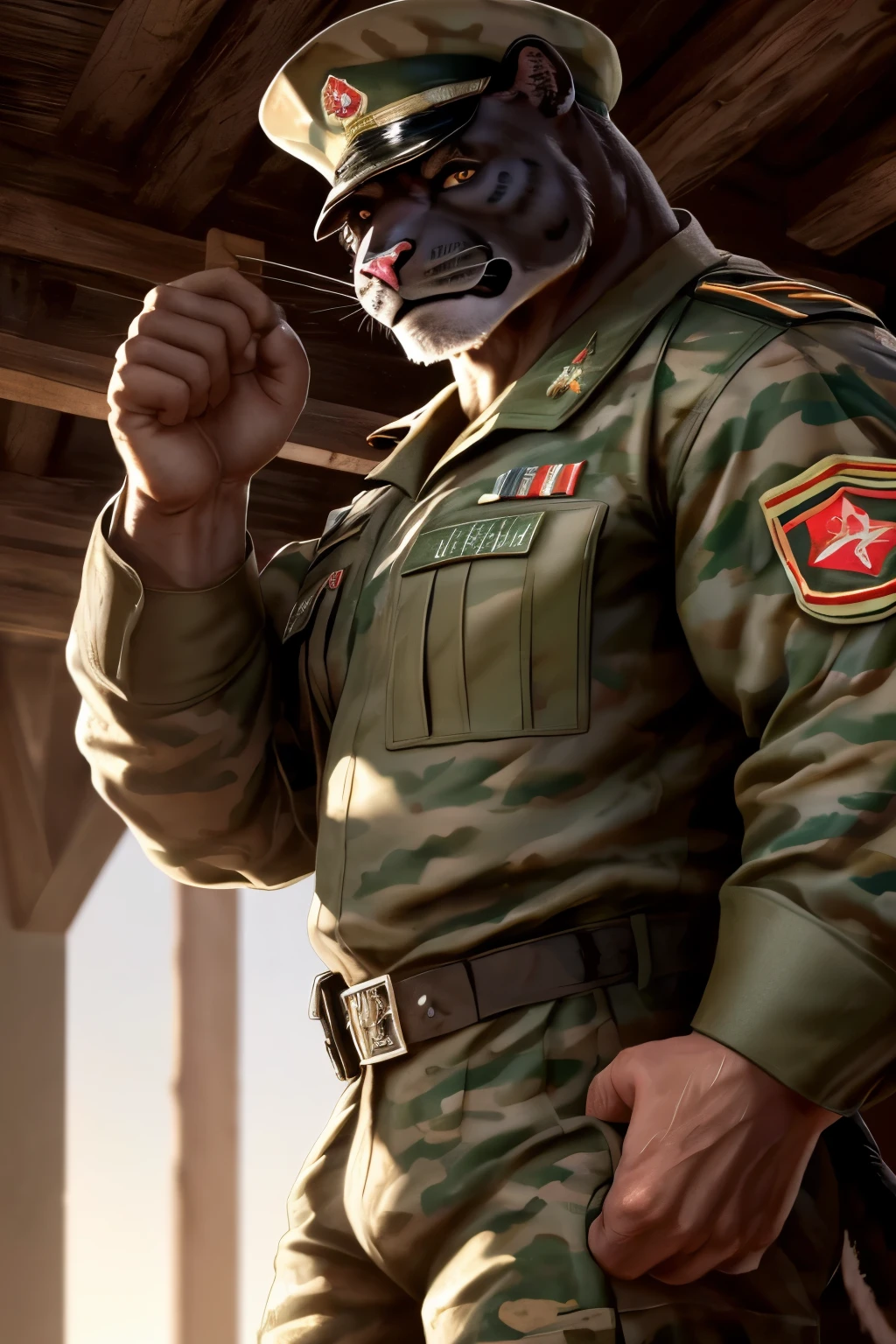 (1 muscular male panther anthro,white fur,military general uniform, military hat, well-built,big pecs,tail,looking at viewer,bara body type,highly detailed,photorealistic,8k,dramatic lighting,gritty military environment,military insignia,realistic textures)