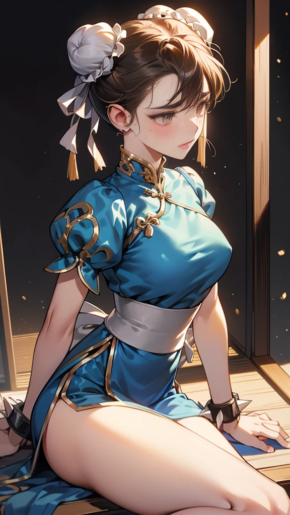 {{masterpiece}}, {{{Highest quality}}},{{Very detailed}},sf2 to,Chunli,Sitting in a chair in an office with a serious expression,profile,from side,Cowboy Shot,Focus on legs{{{Sitting in a chair in an office with a serious expression成熟した女性}}},{{疲労でSweatをかいている成人女性}},Sweat,Hold the arm with one hand ,sit,{{Blushing}},{{V-shaped eyebrows}},{{Blue clothes}}{{Blue clothes}},{{puffy short sleeve}},{{{Blue Chinese dress with gold lines}},{Bunhead}},{{ Brown pantyhose}},{椅子にsit}},{},, ,{{spike bracelet}},{{Tied Hair}},,{{Thin legs}},{{White belt}},,Slender body}}{{ blue pelvis curtain}}, , sash,, ,,blush,Wrinkles ,amount,Grit your teeth,suffering,v-shaped eyebrows.,Sweat dripping,Medium chest ,get annoyed,,Inside the office,Bun Head