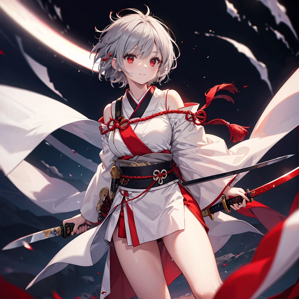 (((((1 person Gray Hair、short hair、Red Sideburns White and red clothes、shoulder))))) ((((High resolution Japanese sword、Shining blade Visible thighs)))) (((Black Belt warrior military commander、Close-up smile Red eyes))) ((Bright red butterfly night Japanese style、old Shining Aura garden、water surface full moon Catch the wind)) (Shining Background Shining Edges)