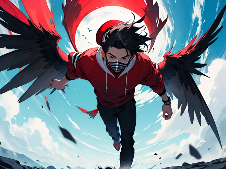 Sky a man white mouth mask black head with black and white wings flying with white sweatshirt red striped white hat and black pants ritualist