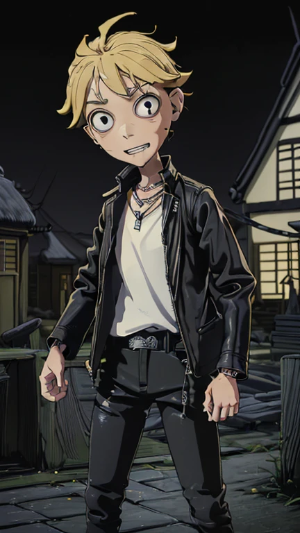 best quality,masterpiece,1boy,solo,(((13years old))),japanese boy,an extremely cute and handsome boy,highly detailed beautiful face and eyes,petit,cute face,lovely face,baby face,shy smile,show teeth, yellow hair,short hair,flat chest,skinny,slender,(((wearing a shirt, long sleeves, jewelry, jacket, white shirt, open clothes, pants, necklace, open jacket, black jacket, black pants)),(((standing in Dark Midnight gothic Konoha Village))),she is looking at the viewer,TimBurton Animation style,upper body close up