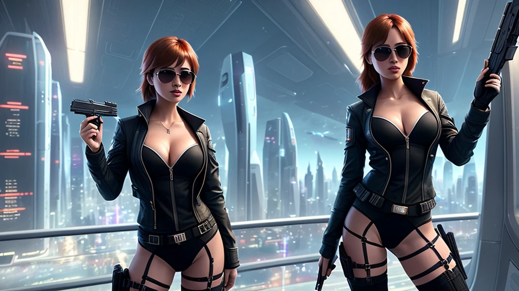 Cidade futuristica, Futuristic train and buildings at night, future concept art, city of the future, fantastic sci-fi city, Utopian cities, 8k, Spaceport of the future, sci-fi hollywood concept art. (((1girl, solo, alone))), large-breast:1.1 slim:0.6 body, cleavage:1.1, pubic hair, lingerie with jacket, (black sunglasses), (((holding a pistol))), dynamic pose, (((half-body thigh level medium shot))), cinematic lighting, lens flare, ray tracing.
