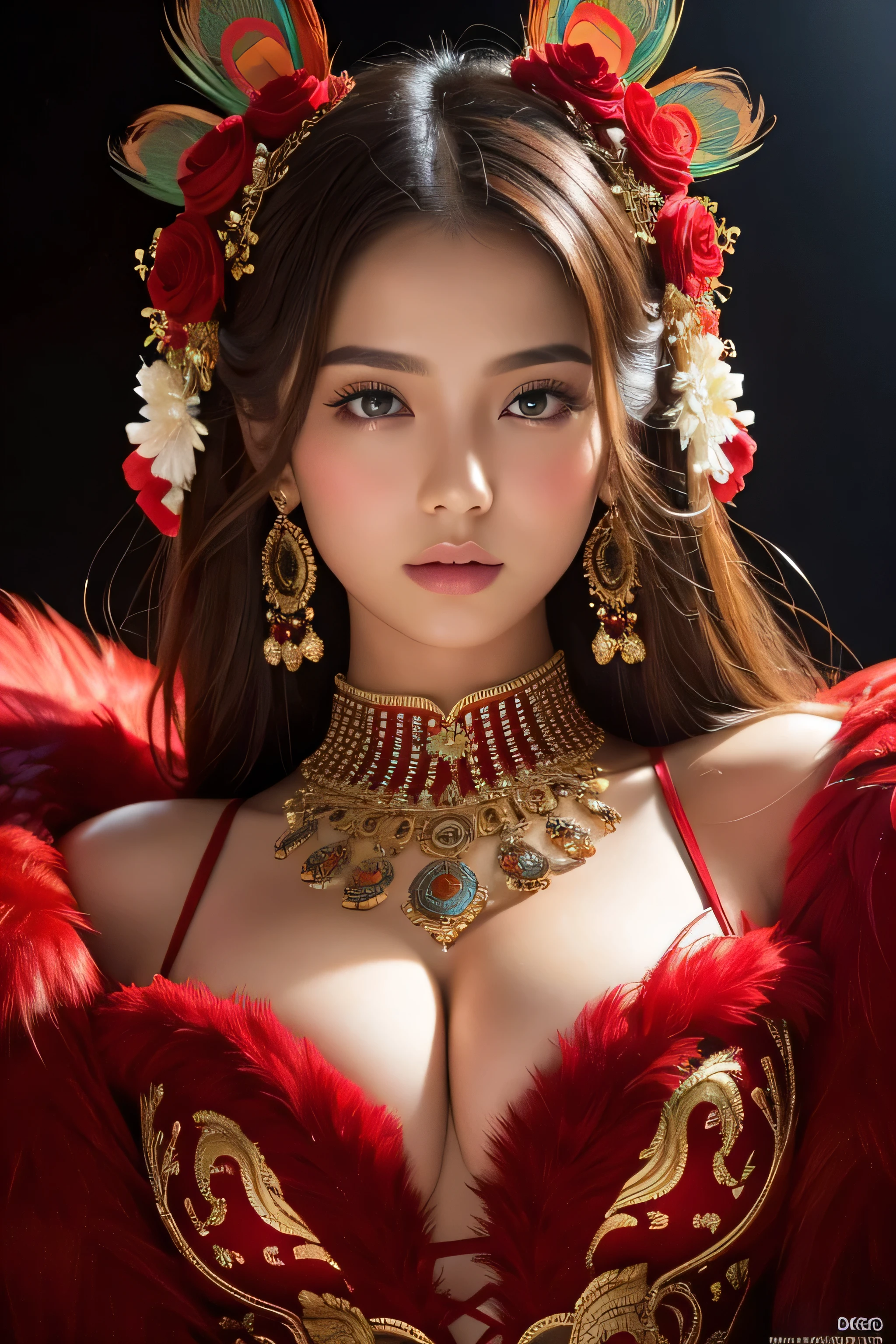 A stunning beautiful girl in a vibrant red peacock costume, exuding sensuality and confidence, posing against a dark black backdrop. Perfect lighting highlights the intricately detailed texture of her skin and hair, with sharp focus on her striking eyes. The professional-grade photograph boasts an absurd resolution of 16K, showcasing photorealistic realism with stunning clarity. Her smooth face and radiant complexion are rendered in soft, realistic tones, as if captured in a RAW photo. The frame is expertly composed, drawing attention to the girl's captivating gaze while maintaining a sense of elegance.