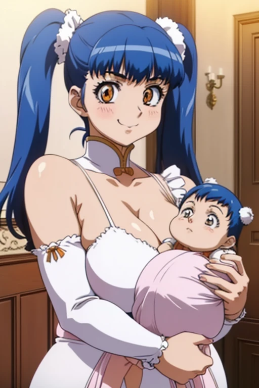 anime colored,blue hair,orange eyes,twin tail,huge breasts,fang,tuile_(gravion),two side up), retro artstyle,fang,(Holding a :1.5),Huge breasts,Smile,((house wife)),baby