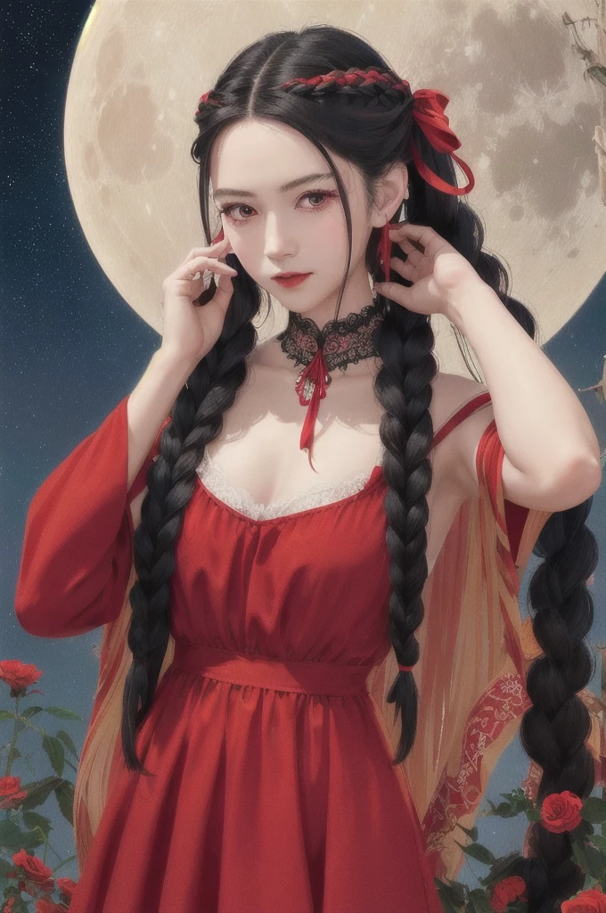 low-braided long hair, very long hair, hair tucking, hand in hair, hair ribbon, braided tail, black hair, red eyes, red halter dress, lace,
moon, flowers,
(illustration), (masterpiece), (colorful:1.2), clear sharp focus, portrait, retro artstyle, tranditional media, detailed, xiaorenshu,