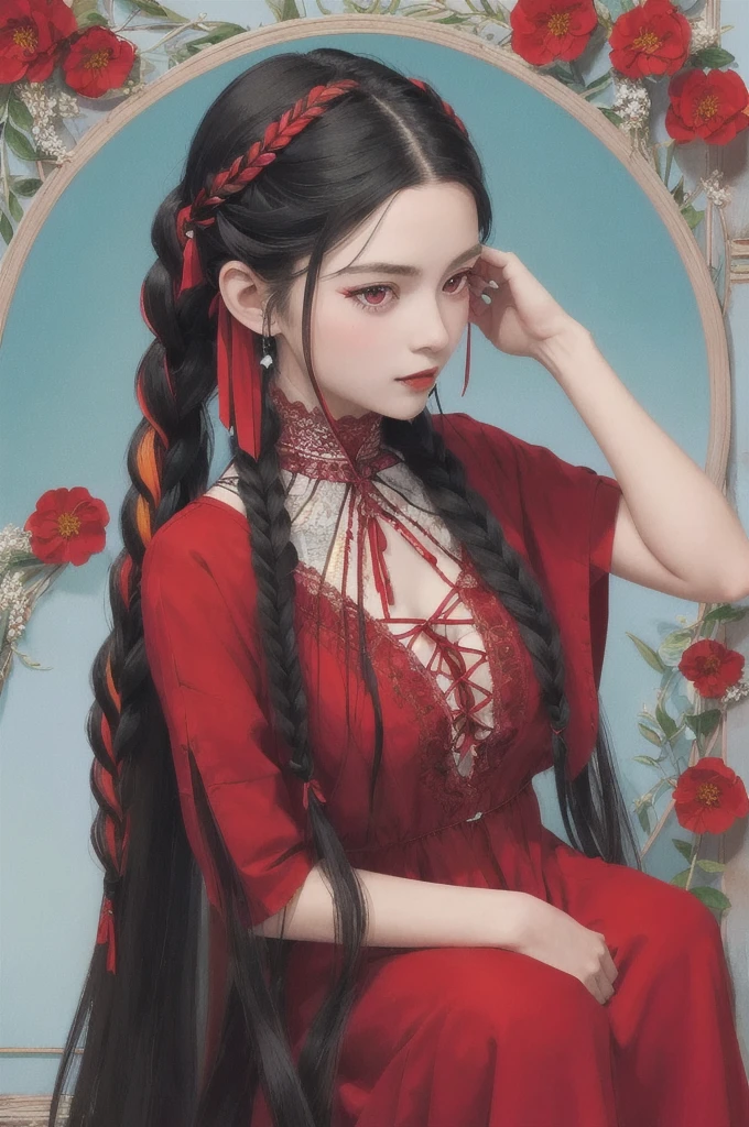 low-braided long hair, very long hair, hair tucking, hand in hair, hair ribbon, braided tail, black hair, red eyes, red halter dress, lace,
moon, flowers,
(illustration), (masterpiece), (colorful:1.2), clear sharp focus, portrait, retro artstyle, tranditional media, detailed, xiaorenshu,