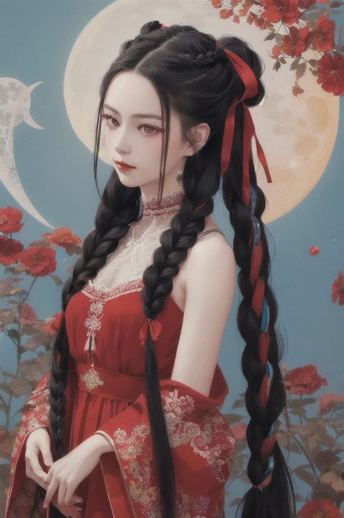 low-braided long hair, very long hair, hair tucking, hand in hair, hair ribbon, braided tail, black hair, red eyes, red halter dress, lace,
moon, flowers,
(illustration), (masterpiece), (colorful:1.2), clear sharp focus, portrait, retro artstyle, tranditional media, detailed, xiaorenshu,