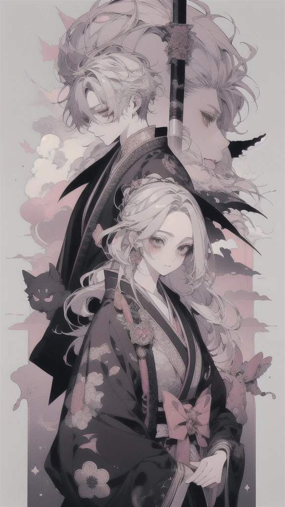 Kimono Kim anime couple, From the Sengoku period, Official artwork, White-haired God, The Detailed Art of the Onmyoji, Japanese art style, nixeu and sakimichan, Sengoku period art style, high detailed Official artwork, Two beautiful anime girls, feudal japan art, onmyoji girls