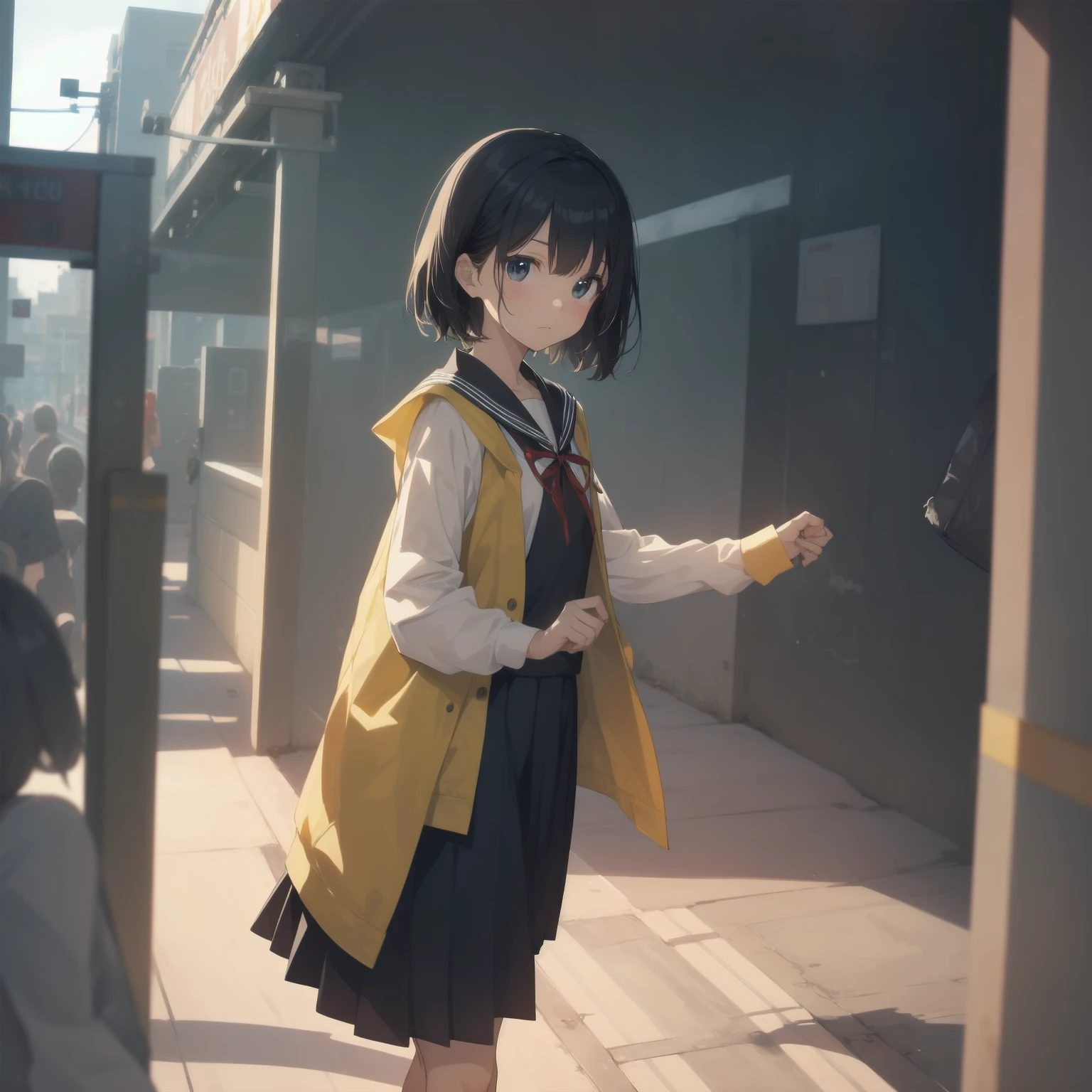 ultra-absurdres-Top quality by artist God, ultra-detailed, high resolution, anime moe artstyle, best anime 8k konachan wallpaper, pixiv contest winner, pool:2810, perfect anatomy,break, 1girl, (Please draw a girl walking sleepily to school alone. )break,(Solo,little female, 13-year-old:1.3),Full limbs, complete fingers,a junior high school student, (very short hair), short cut, flat chest, , small butt, small black eyes, beautiful detailed eyes, well-proportioned iris and pupils, expressive eyes, highres detailed hair, soft expression, salor school_uniform, sailor collar, serahuku, bow, pleated skirt,(Detailed Lighting), (Detailed background), in the School commute route. break,super detailed skin, Best cinematic lighting powered by famous artist, 8k,beauty illustration,photoshop_(medium),very aesthetic,break,((artist:zen_(kamuro) )), artist:clamp ,artist:carnelian ,artist:kantoku ,