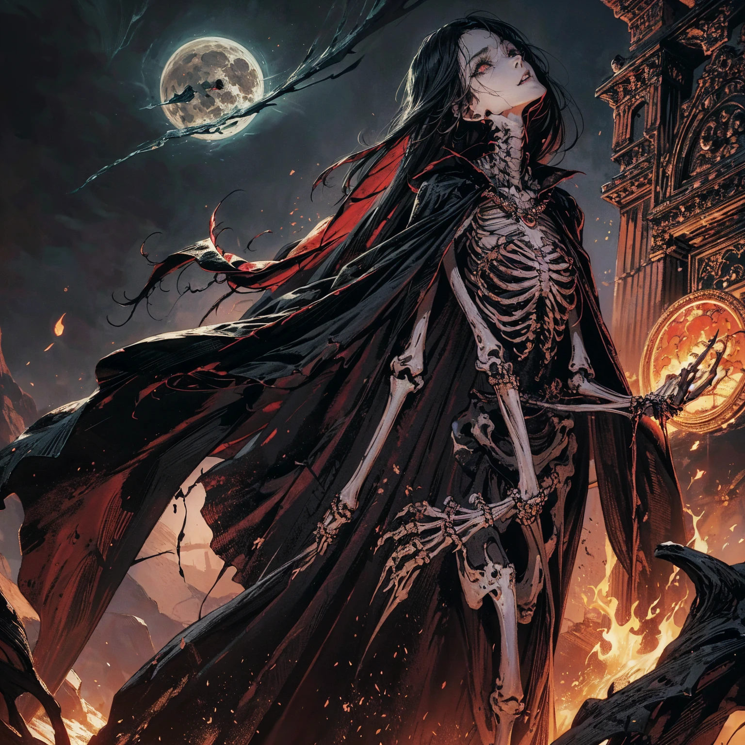 full-body shot, wide-angle lens, upward shot, best quality, 4K, high resolution, masterpiece, Very detailed, Mood lighting, A black hair undead girl in a long cape, Whole body including hands & arms & legs & feet are all skeleton bones but except the head is still beautiful human face, Wearing a ragged gothic skirt, casting dark magic spells in the hand, three skulls flying around the girl, Aloofness emotion, Dangerous sneer, Beautiful but cruel smile, Standing, Facing the camera, Crucified, Pitch black sky, Blood-red moon, strange atmosphere, Gothic style, Unforgettable beauty, Dramatic shadows, Ethereal Light, Mysterious atmosphere