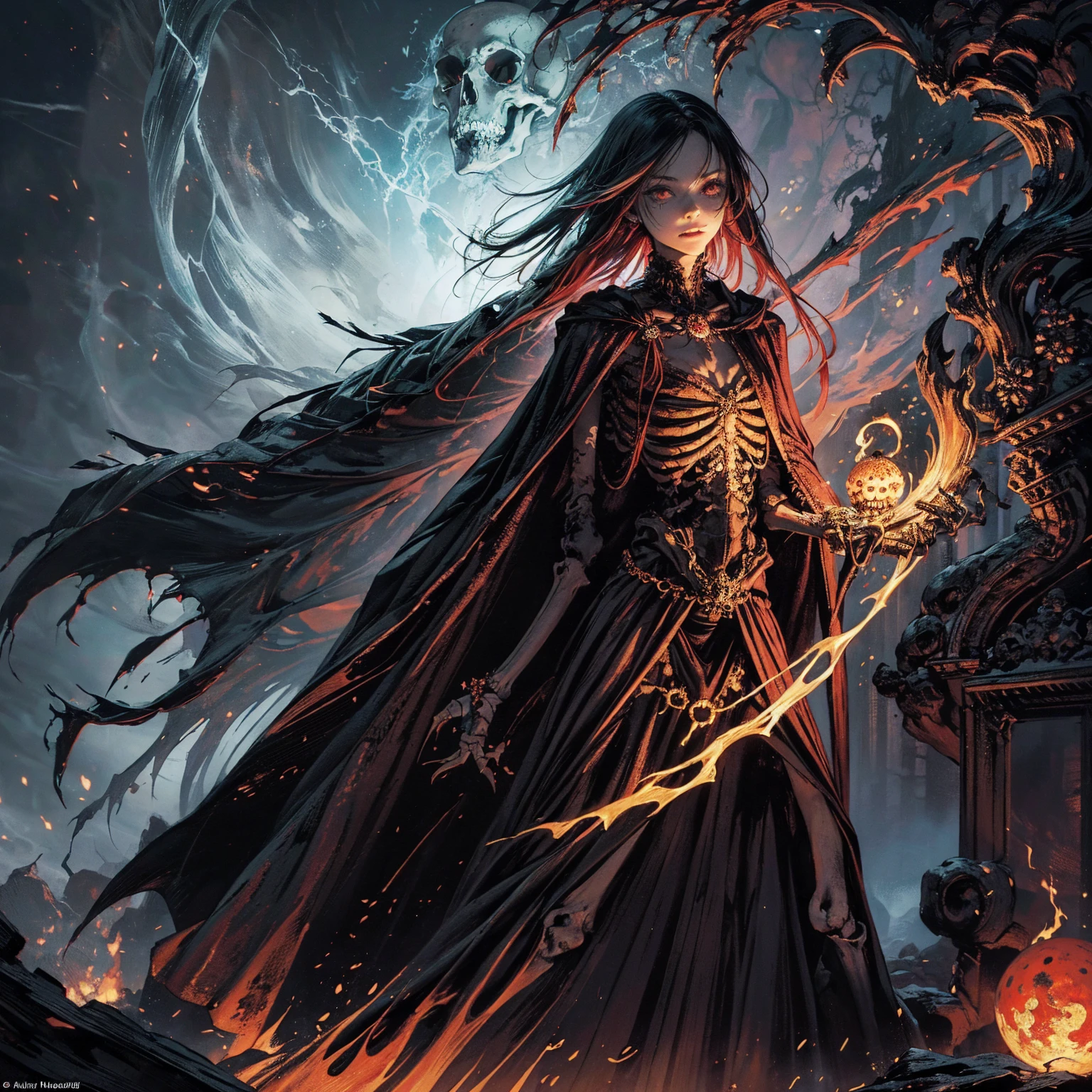 full-body shot, wide-angle lens, upward shot, best quality, 4K, high resolution, masterpiece, Very detailed, Mood lighting, A black hair undead girl in a long cape, Whole body including hands & arms & legs & feet are all skeleton bones but except the head is still beautiful human face, Wearing a ragged gothic skirt, casting dark magic spells in the hand, three skulls flying around the girl, Aloofness emotion, Dangerous sneer, Beautiful but cruel smile, Standing, Facing the camera, Crucified, Pitch black sky, Blood-red moon, strange atmosphere, Gothic style, Unforgettable beauty, Dramatic shadows, Ethereal Light, Mysterious atmosphere