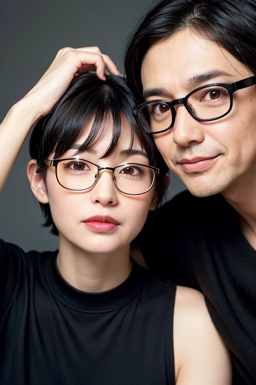 A man in his 40s with short black hair and glasses、A woman in her 30s with short black hair, fair skin, and a mole on the right side of her nose.、universe space、Star Wars Wind