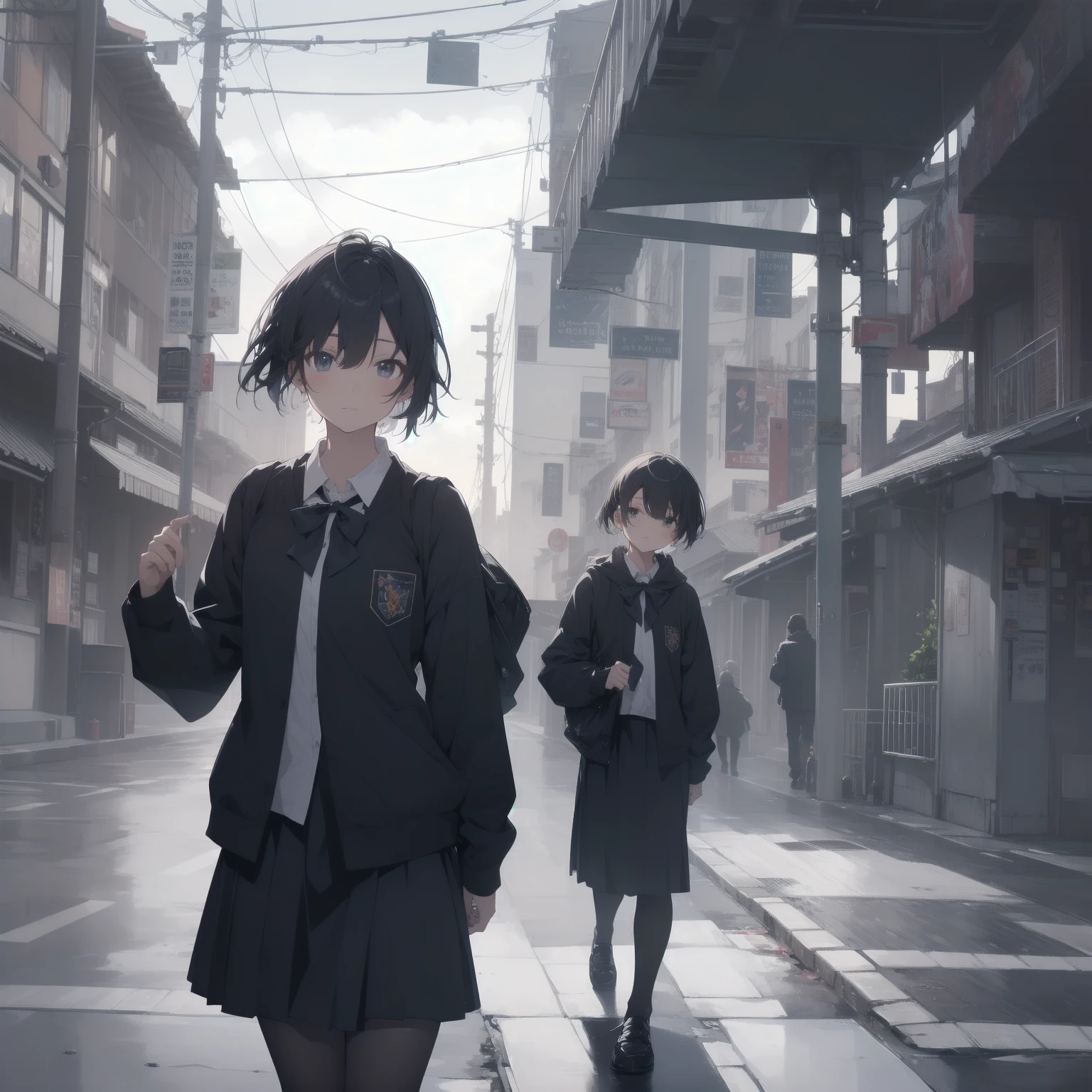 ultra-absurdres-Top quality by artist God, ultra-detailed, high resolution, anime moe artstyle, best anime 8k konachan wallpaper, pixiv contest winner, pool:2810, perfect anatomy,break, 1girl, (Please draw a girl walking sleepily to school alone. )break,(Solo,little female, 13-year-old:1.3),Full limbs, complete fingers,a junior high school student, (very short hair), short cut, flat chest, , small butt, small black eyes, beautiful detailed eyes, well-proportioned iris and pupils, expressive eyes, highres detailed hair, soft expression, salor school_uniform, sailor collar, serahuku, bow, pleated skirt,(Detailed Lighting), (Detailed background), in the School commute route. break,super detailed skin, Best cinematic lighting powered by famous artist, 8k,beauty illustration,photoshop_(medium),very aesthetic,break,((artist:zen_(kamuro) )), artist:clamp ,artist:carnelian ,artist:kantoku ,
