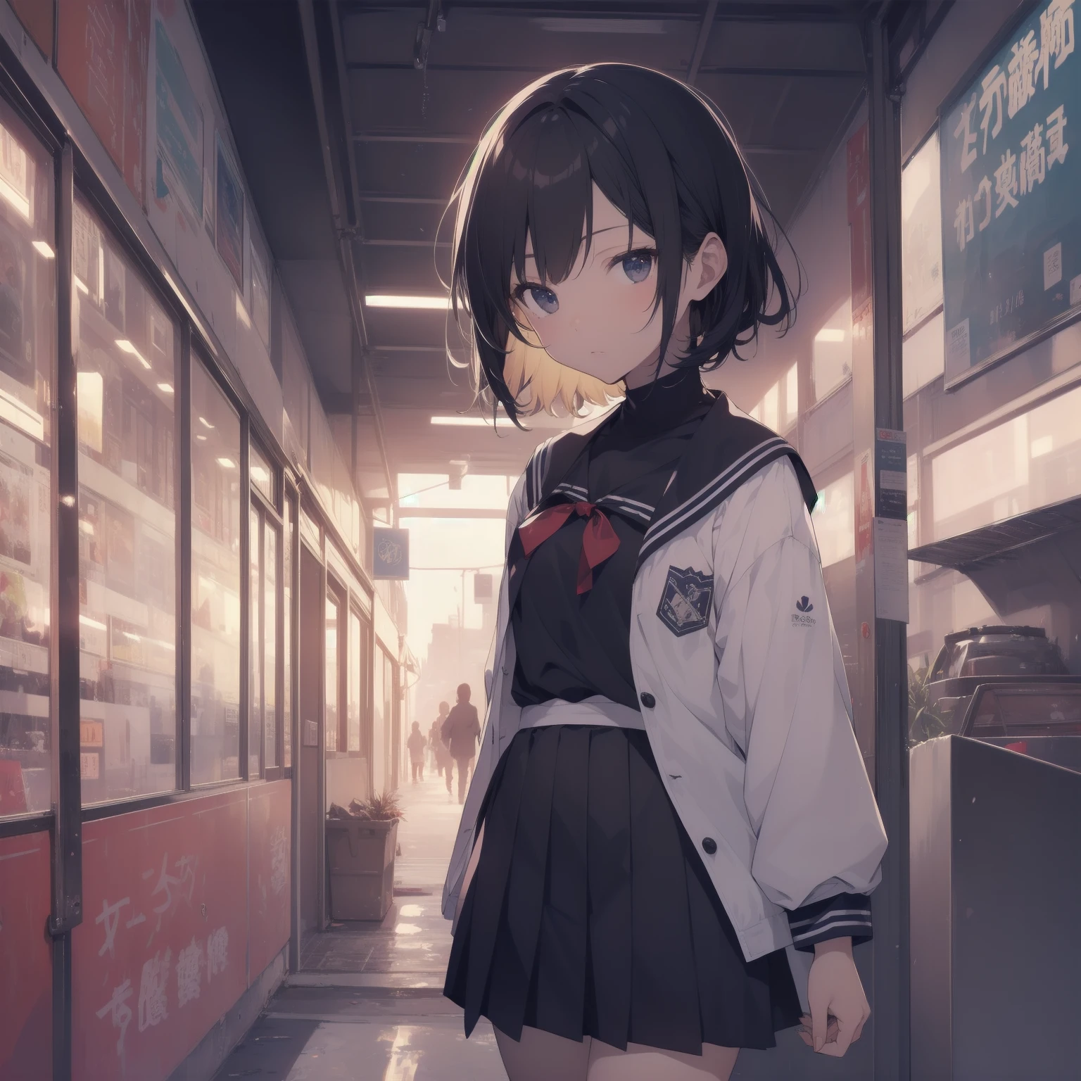 ultra-absurdres-Top quality by artist God, ultra-detailed, high resolution, anime moe artstyle, best anime 8k konachan wallpaper, pixiv contest winner, pool:2810, perfect anatomy,break, 1girl, (Please draw a girl walking sleepily to school alone. )break,(Solo,little female, 13-year-old:1.3),Full limbs, complete fingers,a junior high school student, (very short hair), short cut, flat chest, , small butt, small black eyes, beautiful detailed eyes, well-proportioned iris and pupils, expressive eyes, highres detailed hair, soft expression, salor school_uniform, sailor collar, serahuku, bow, pleated skirt,(Detailed Lighting), (Detailed background), in the School commute route. break,super detailed skin, Best cinematic lighting powered by famous artist, 8k,beauty illustration,photoshop_(medium),very aesthetic,break,((artist:zen_(kamuro) )), artist:clamp ,artist:carnelian ,artist:kantoku ,