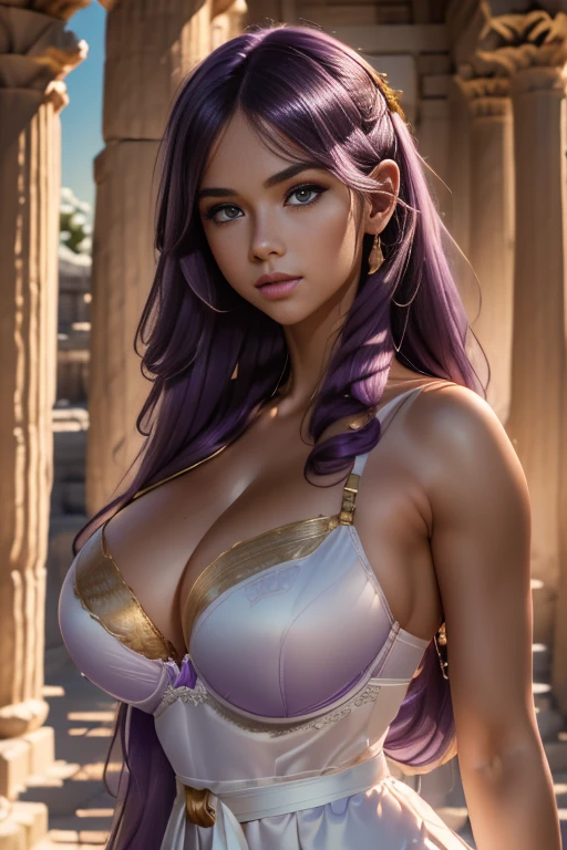 ((masterpiece, Extremely realistic, photo-realism, Extremely precise in every detail, best quality, best shadow, realistic lighting, beautiful detailed glow)), a woman, , straight long (purple hair), wearing a long white evening-dress with decorated sash, (huge bra-buster), gold aura, on a Greek temple