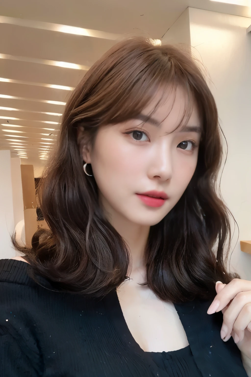 Best Quality, 8k, Masterpiece, (Portrait: 1.3), (photo realistic:1.4), (hyper realistic:1.4), Sharp Focus, looking at viewer, (smoother lighting:1.1), (increase cinematic lighting quality:0.9), realistic lighting, backlighting, light on face, ray trace, (brightening light:1.2), (Increase quality:1.4), sharp detail, (best quality real texture skin:1.4), finely detailed eyes, black_eyes, finely detailed face, 25 year old Korean woman, (black off-shoulder_shirt:1.4), (Create an image maintaining the original base model hairstyle:1.5)
