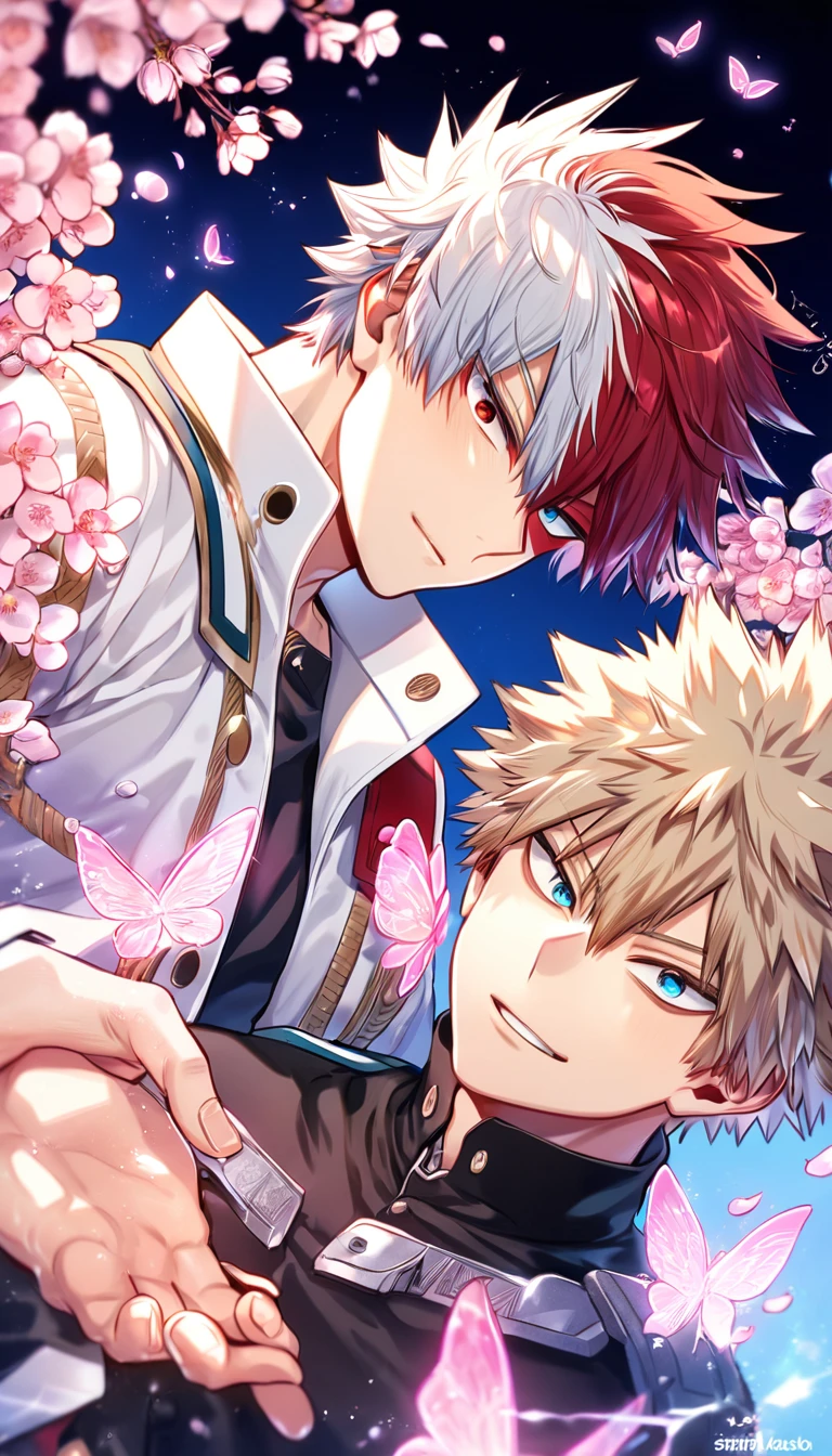 absurdres, highres, ultra detailed, HDR, master piece, best quality, extremely detailed, Todoroki Shouto, bicolored hair, right side of the hair white, left side of the hair red, expressive blue eyes, Boku No Hero Academia, Bakugo Katsuki, ash-blonde hair, expressive red eyes, two sexy men together, yaoi, gay couple, handsome, handsome smile, sensual, white coat, black shirt, magical, sparkling, pink glittering fireflies, pink ice, pink ice butterflies, pink ice petals, pink ice cherry blossoms, pink crystal, pink flowers, pink moon