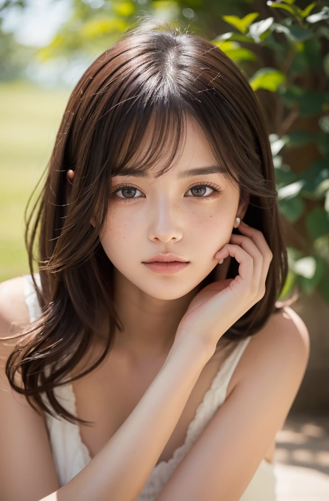A photorealistic masterpiece captures a serene moment of a woman sitting in a warm shadow, her delicate facial features illuminated by soft lightshapes. Her real skin texture glows with vibrant color, showcasing finely detailed freckles and beautiful eyes. Softly blowing hair frames her face, which is sharply focused. She gently touches her face, exuding a tender emotion. A stunning (low cut:1.3) dress flows around her, adorned with delicate flowers. The overall atmosphere is one of tranquility, inviting the viewer to step into this exquisite scene.