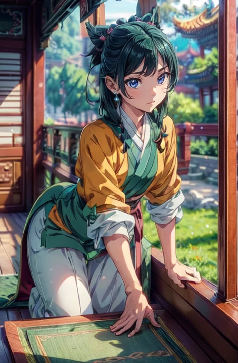 (Masterpiece, High Quality, Top quality, High-Detailed, Detailed CG, Cinematic Shadow, Cinematic Scene, Beautiful Detailed Eyes, Ultra Resolution, Depth of Field, High Resolution, Masterpiece: 1.2), Anime art style, Very detailed, Dynamic Angle, Teen Style, Detailed Green Hair, Detailed Blue Eyes, Slim Body, Cat Ear, Sparkling Eyes, Sparkling Detailed Eyes, Hair Accessory, Earrings, Slightly Blunt Bangs, Looking at the Audience, (Blush Expression:1.2), (Angry Expression:1.2), (Dark Green Hair), (Chinese Style Outfit ), Purple Eye, Five Fingers, Good Composition, Arms, Thighs, Small Breasts, Small Size Breasts, Blur Background, Chinese Architectures