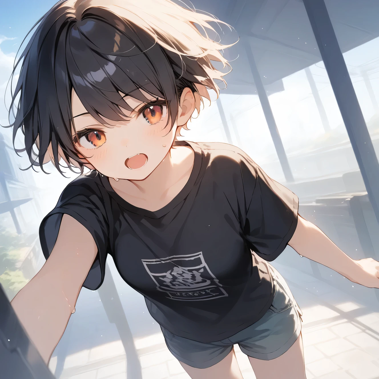 score_9, score_8_up, score_7_up, source_anime, best quality, masterpiece, official art, absurdres, highres, ultra-detailed,waifu2x,Collection: Serious Beauty,break,1girl, tomboy, very short hair, pixie cut, breasts, beautiful detailed eyes, open mouth, (yawn:0.3), sleepily, , shorts, sweat, outdoors, rural, wind, break,(clear line illustration:1.2), super detailed skin,very high resolution, very aesthetic, Best sexual lighting powered by famous artist, 8k, beauty illustration,photoshop_(medium),,(Detailed Lighting),best anime 8k konachan wallpaper, pixiv contest winner,