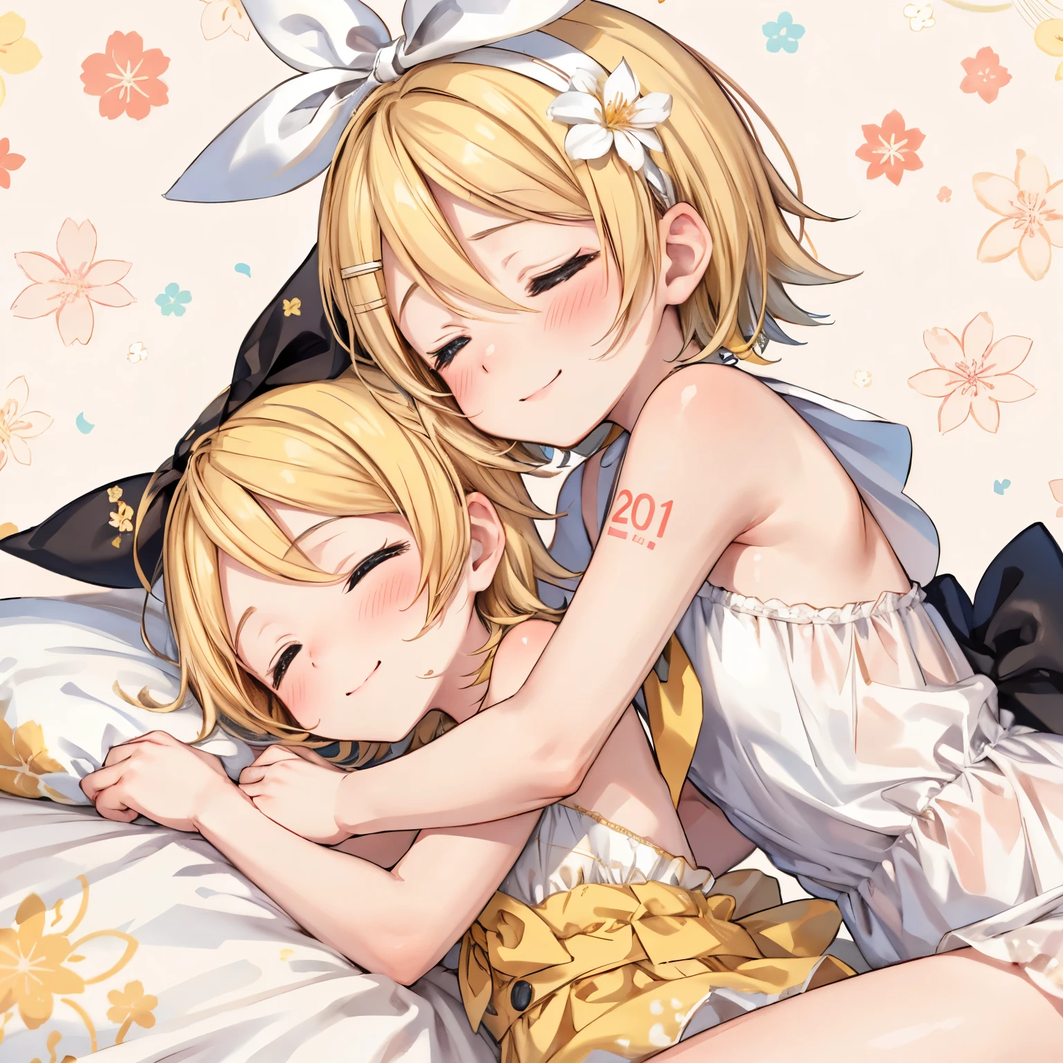 Kagamine Rin,Sleeping next to me, smile, blush, stop temporarily, Floral Background