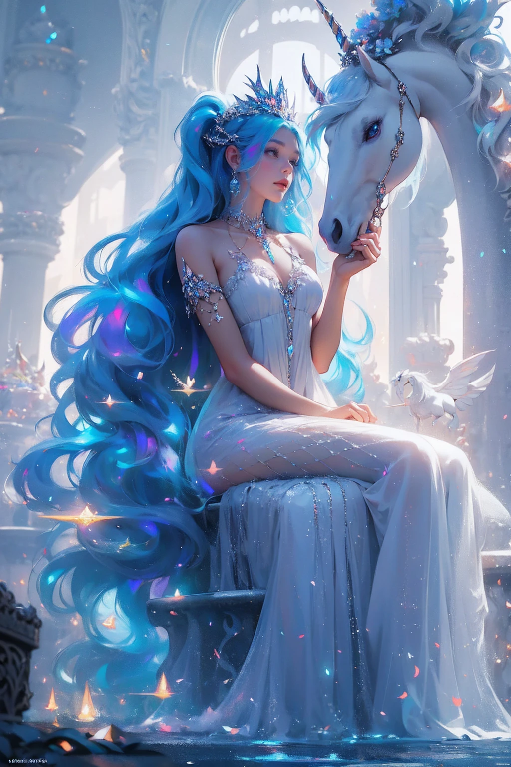 (Masterpiece - Ultra-Detailed, High Resolution) There is a white unicorn girl, blue mane and long mane, white unicorn, unicorn, unicorn horns, A unicorn, celestia, Nine stories, blue unicorn, soft dreamy, cinematic light《fangs》Unicorn in, mythological creatures, a mythical creature, Pokémon illustration, unicorns, a glaceon princess, white dress, opal eyes. Auroracore, ghostly iridescent, image good for rendering, sitting on the water. unicorn girl, full body, holding a crystal unicorn