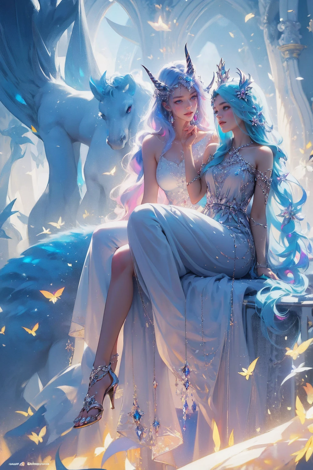 (Masterpiece - Ultra-Detailed, High Resolution) There is a white unicorn girl, blue mane and long mane, white unicorn, unicorn, unicorn horns, A unicorn, celestia, Nine stories, blue unicorn, soft dreamy, cinematic light《fangs》Unicorn in, mythological creatures, a mythical creature, Pokémon illustration, unicorns, a glaceon princess, white dress, opal eyes. Auroracore, ghostly iridescent, image good for rendering, sitting on the water. unicorn girl, full body, holding a crystal unicorn