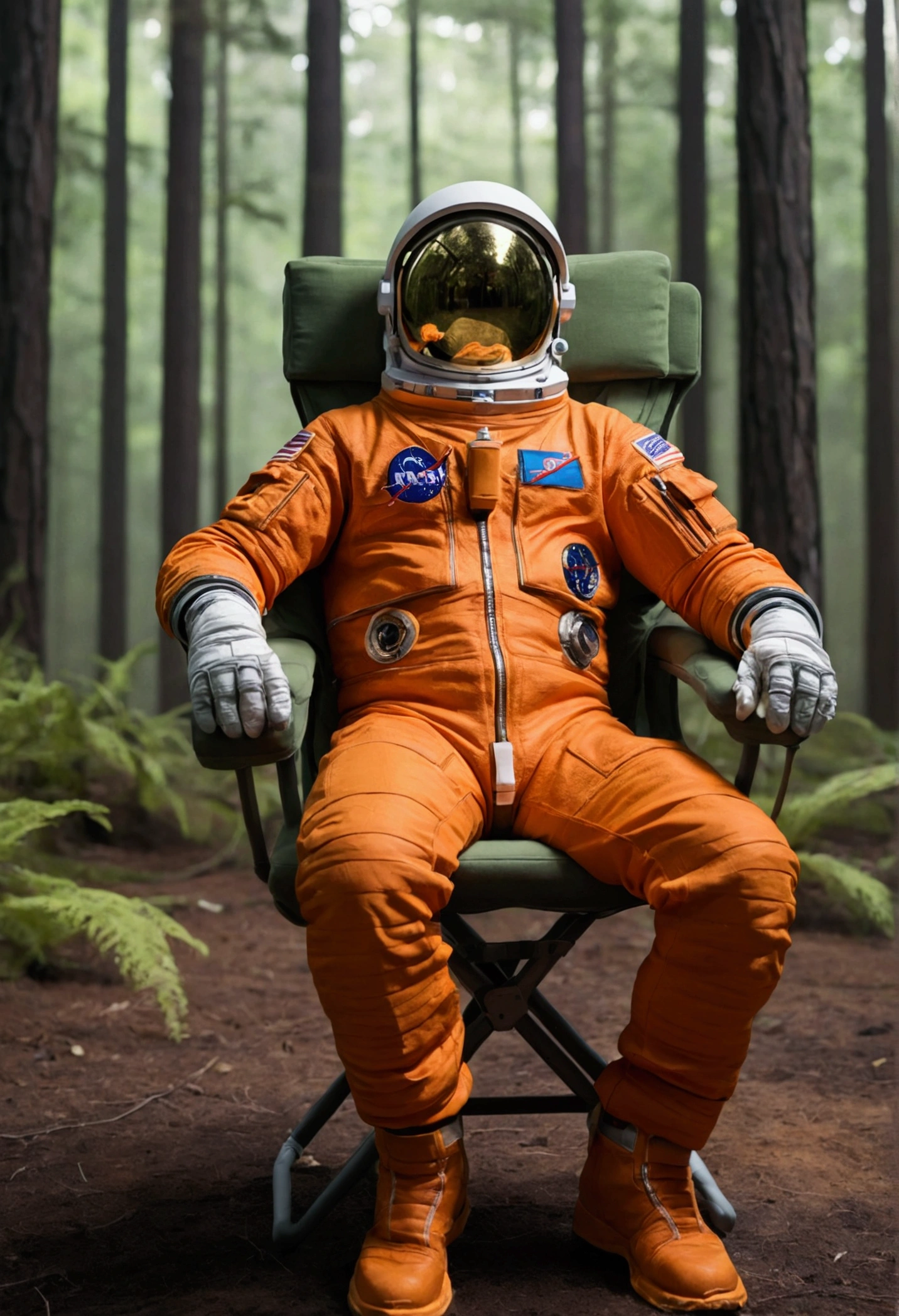 an astronaut in an orange suit sitting in a chair facing forward, imposing and powerful, with a forest behind