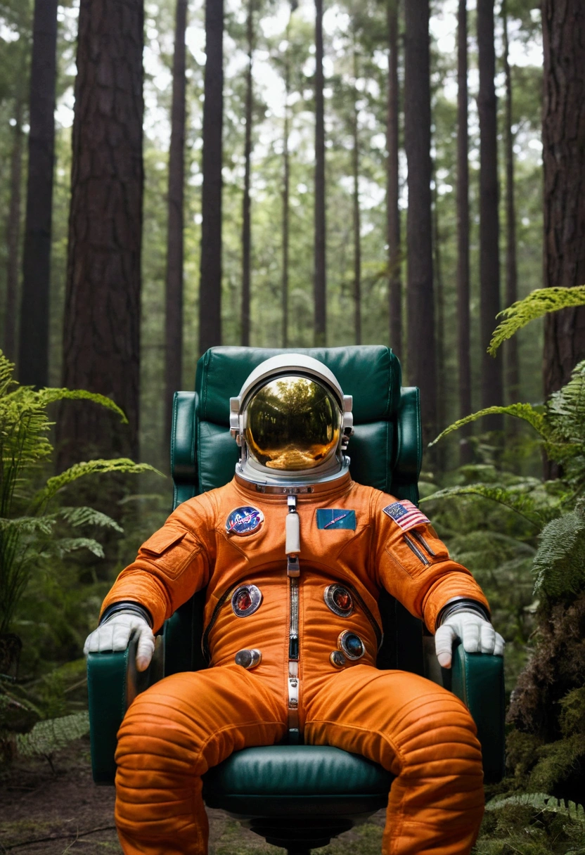 an astronaut in an orange suit sitting in a chair facing forward, imposing and powerful, with a forest behind