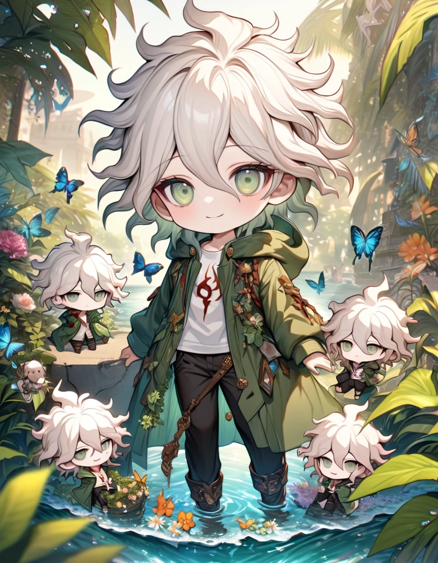 Ultra detailed, HDR, Highres, absurdres, master piece, Komaeda Nagito as chibi, white hair, expressive gray-green eyes, green coat with a hoodie, white shirt, black pants, Danganronpa, flowers, butterflies, fantasy, magical, green leaves, summer, boy, cute, water, chibi, smiling