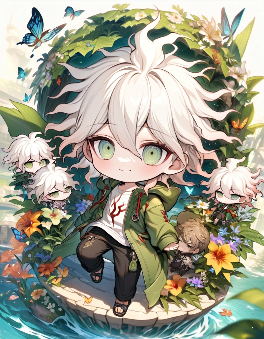 Ultra detailed, HDR, Highres, absurdres, master piece, Komaeda Nagito as chibi, white hair, expressive gray-green eyes, green coat with a hoodie, white shirt, black pants, Danganronpa, flowers, butterflies, fantasy, magical, green leaves, summer, boy, cute, water, chibi, smiling