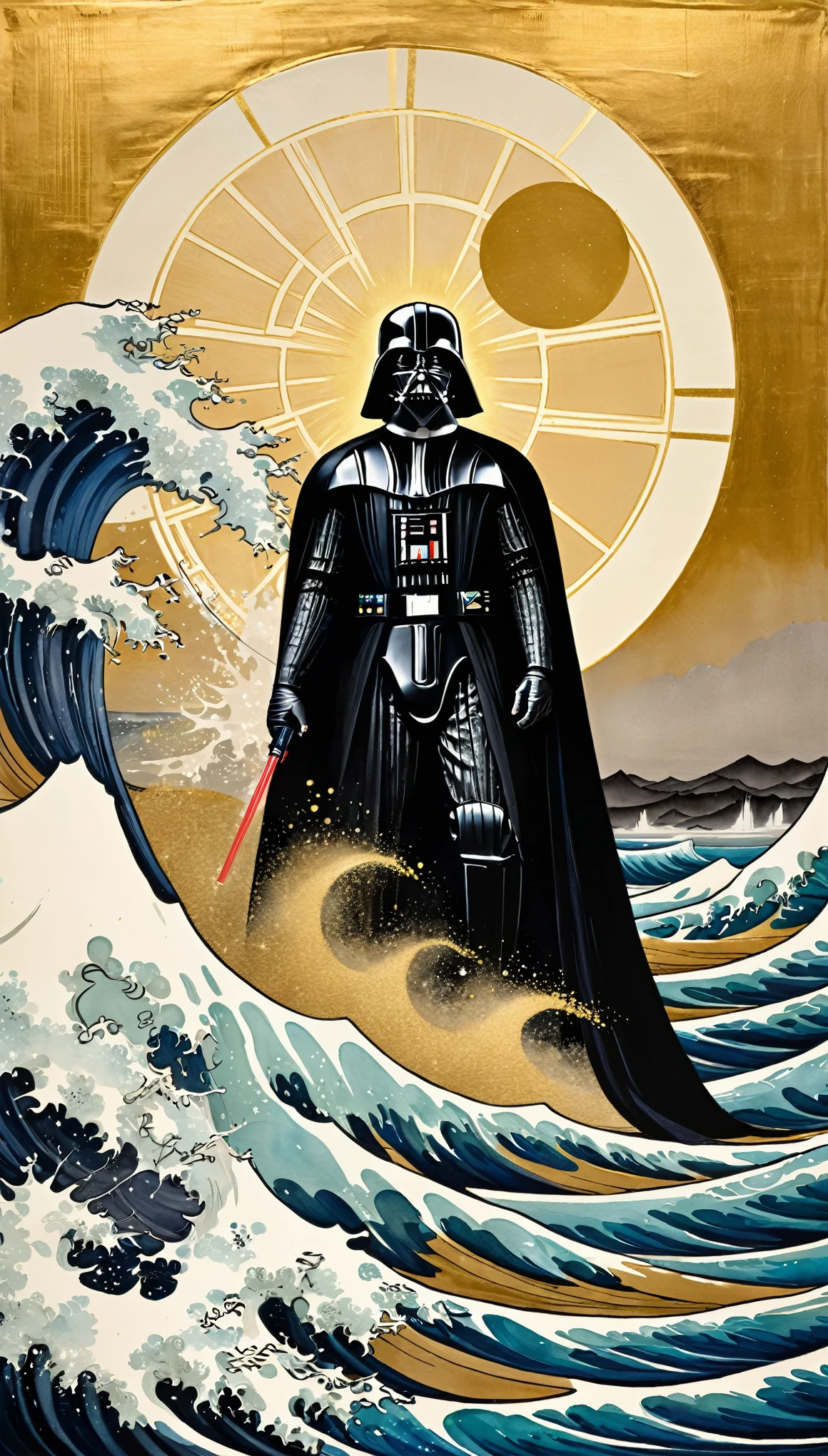 masterpiece,Folding screen depicting Tarz Vader and the Death Star,Ink and water Japanese painting,(Beautiful gradation created by layering),(Tarashikomi technique),(Gold dust base),(dynamic)