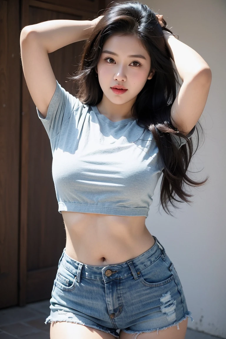 Chubby female from Indonesia, his hair is long and thick black, wearing a white short-sleeved t-shirt, both hands were raised and he was holding the back of his head, His shirt was lifted and his stomach was visible, his skin is slightly brown, he wore blue jeans shorts. 4k