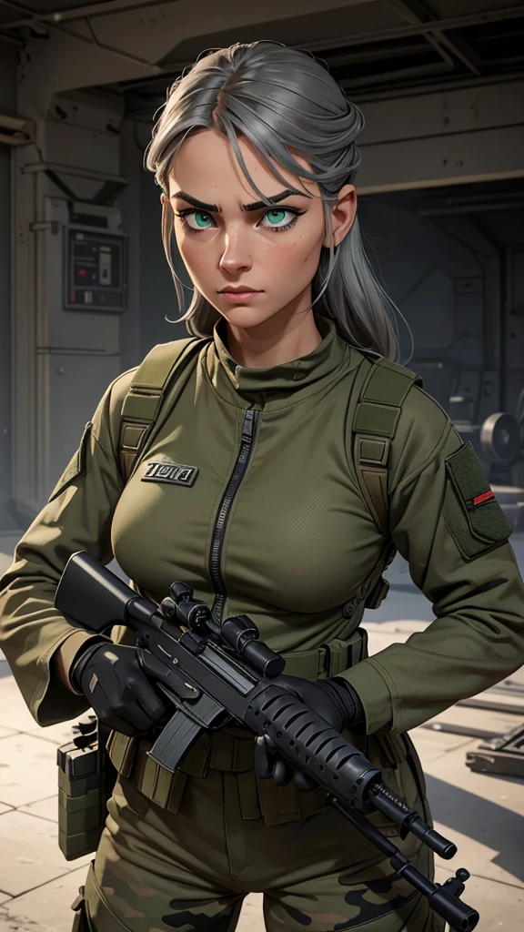 Create an ultra realistic 3D image of a beautiful girl with green eyes, beautiful long eyelashes, dressed in a black and silver gray military camouflage with all its technology and communication ornaments. ,The girl is tough and strong, she carries military weapons, a rifle with a telescopic sight of the latest generation, great and spectacular., His attitude is rude, he is rude, he is in combat and suffers the rigor of War., It is dirty and worn out by combat , His gaze carries strength and aggressiveness , His power and strength is reflected in his perfect and well-toned body. , his tattoos are great , the image must be perfectly detailed apply HDMI technologies, 1200 dpi and full in 132 k