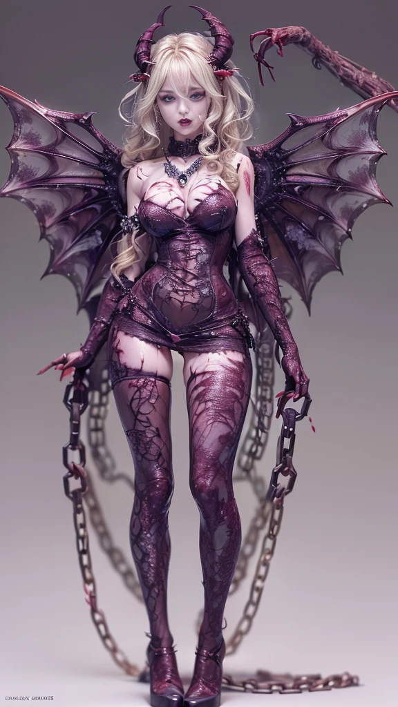 (32K:1.5, Dark fantasy:1.4, Highest quality, masterpiece, Ultra-high resolution), Perfect dynamic composition:1.3, Horror Portrait, chaos, Dark Background:1.3, Prisoner, slave, Dark Demon World, god々Shii, (Detailed tattoos on the whole body:1.4, wearing exquisite jewelry:1.4), Very detailedな肌と顔の質感:1.3, Very accurate, Very detailed, (Sexy succubus demon with big wings:1.3, Incredibly slim body:1.3, Beautiful and aesthetic:1.3), Horn, Fair skin, Sensual posture, ((Properly dressing badly torn clothing:1.3)), Mid-chest, (Big eyes that exude eroticism:0.4, Feel the stimulating caress:1.0, Please open your mouth a little, lipstick, Feel the eroticism:0.9, Too sexy:0.9, charm的な:0.9), ((Bloody:1.5, Covered in scars:1.5, Necrosis:1.6, Lots of chains:1.6, Countless chains tangled in clothes:1.6, Chain your right arm:1.5, Chain the left arm:1.5, The right leg is bound with a shackle and chain:1.5, The left leg is bound with a shackle and chain:1.5)), Super long blonde curly hair, Earrings, necklace, bracelet, romantic, god秘的, elegant, Object of admiration, original, dramatic, artistic, Innovative, charm, Heartful, Fancy, sense of openness, sense of cleanliness, special, exciting, grotesque, Extreme, Tilt, sense of loss, sorrow, sorrowの表現, ((悪魔のcharm, 女性的なcharm))