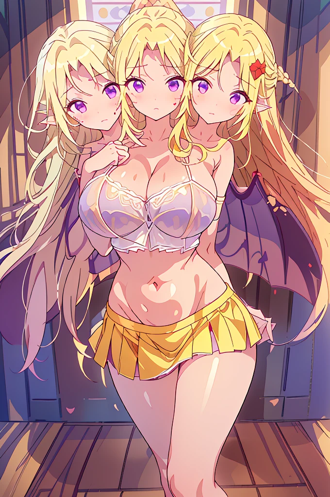 (masterpiece, best quality), best quality, (ultra-detailed), (3heads:1.5), 1girl, (elis:1.3), masterpiece, best quality, ultra quality, ultra resolution, ultra detail, white top, crop top, ((stomach)), midriff, ((groin)), red skirt with strange purple markings along its hem, miniskirt, normal ears, midriff, blonde hair, very long hair, wavy hair, sidelocks, purple eyes, parted lips, sweat, cute, toned belly, hand on own chest, eyelashes, (25 year old woman:1.3), (masterpiece:1.5), (best quality:1.5), (beautiful detailed), extremely detailed CG, extremely delicate and beautiful, depth of field, (finely detailed face), (perfect details:1.2), (mature female:1.3), wide pelvis, slender, large veiny breast, 16k resolution, highres, very high quality, very high definition, extremely detailed, masterpiece, blonde long hair, alluring presence, twin braid, short skirt, close up, very big tits, huge tits, young, red bow, purple bat wings, nsfw, open belly, ((blonde))