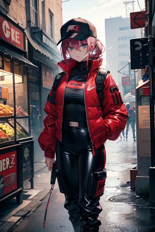 Full of cyberpunk style, solo, chef longs, regardant the spectateur, in the market street, chef noirs, young rouges, nombril, bijoux, jacket, haut du corps, boucles d'oreilles, outdoor vehicles, vent, outdoor jacket, haut court , tatouage, mask, baseball cap, rouge couvre, rouge vest, clairse fermere, créoles, printed with Nike, black latex pants