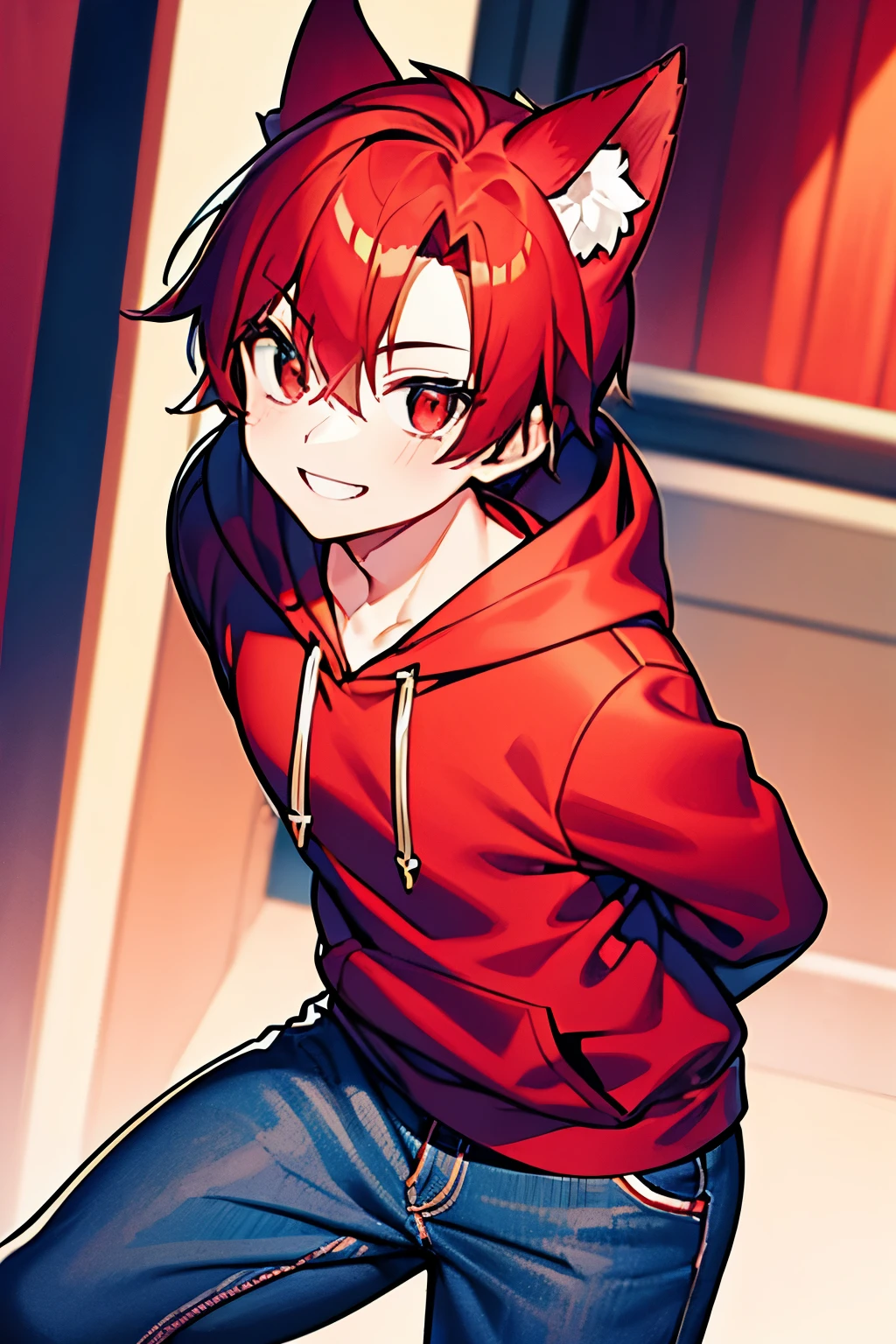 A boy with red hair, wolf ears, wearing a red open hoodie and blue jeans is smiling and looking my way.