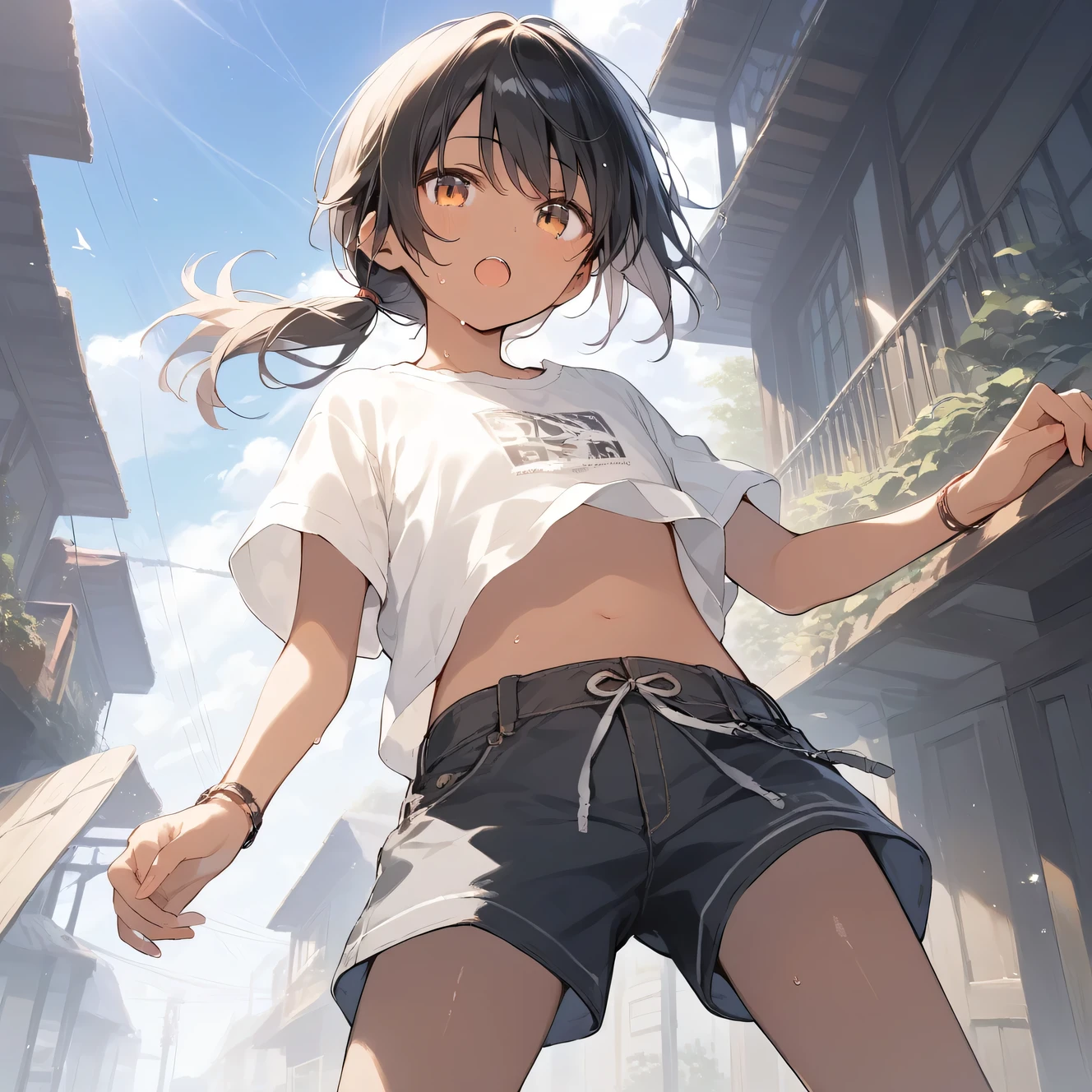 score_9, score_8_up, score_7_up, source_anime, best quality, masterpiece, official art, absurdres, highres, ultra-detailed,waifu2x,Collection: Slice of Life,break,1girl, tomboy, dark-skinned female, short hair, low ponytail, flat chest, beautiful detailed eyes, shorts, sweat, open mouth, (yawn:0.3), sleepily, outdoors, wind,break,(clear line illustration:1.2), super detailed skin,very high resolution, very aesthetic, Best sexual lighting powered by famous artist, 8k,cute picture,beauty illustration,photoshop_(medium),,(Detailed Lighting),best anime 8k konachan wallpaper, pixiv contest winner, 