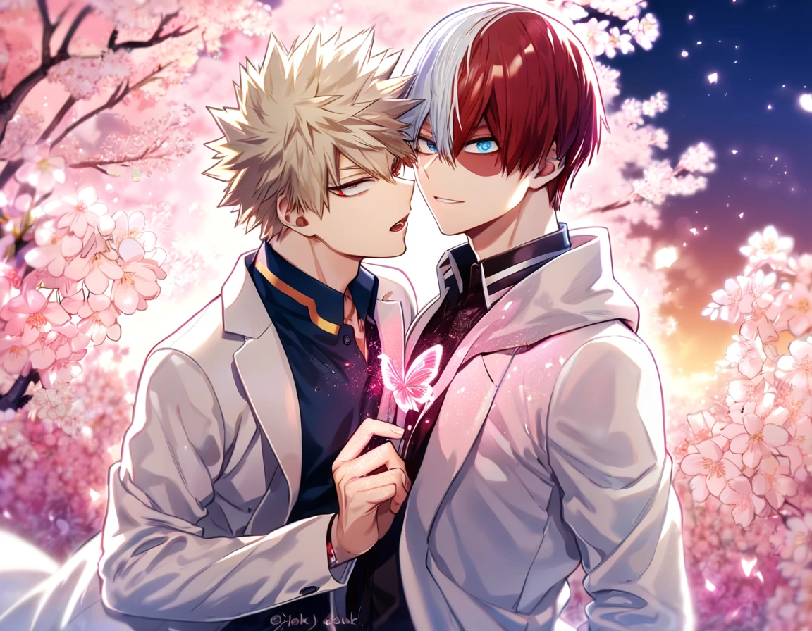 absurdres, highres, ultra detailed, HDR, master piece, best quality, extremely detailed, Todoroki Shouto, bicolored hair, right side of the hair white, left side of the hair red, expressive blue eyes, Boku No Hero Academia, Bakugo Katsuki, ash-blonde hair, expressive red eyes, two sexy men together, yaoi, gay couple, handsome, handsome smile, sensual, white coat, black shirt, magical, sparkling, pink glittering fireflies, pink ice, pink ice butterflies, pink ice petals, pink ice cherry blossoms, pink crystal, pink flowers, pink moon