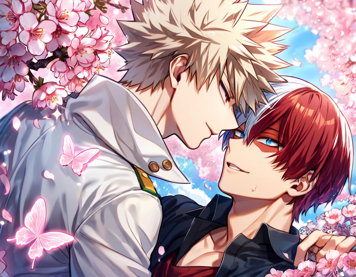 absurdres, highres, ultra detailed, HDR, master piece, best quality, extremely detailed, Todoroki Shouto, bicolored hair, right side of the hair white, left side of the hair red, expressive blue eyes, Boku No Hero Academia, Bakugo Katsuki, ash-blonde hair, expressive red eyes, two sexy men together, yaoi, gay couple, handsome, handsome smile, sensual, white coat, black shirt, magical, sparkling, pink glittering fireflies, pink ice, pink ice butterflies, pink ice petals, pink ice cherry blossoms, pink crystal, pink flowers, pink moon
